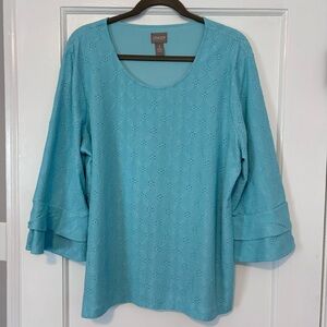Chico's Turquoise Eyelet Scoop-Neck Long Sleeve Top
